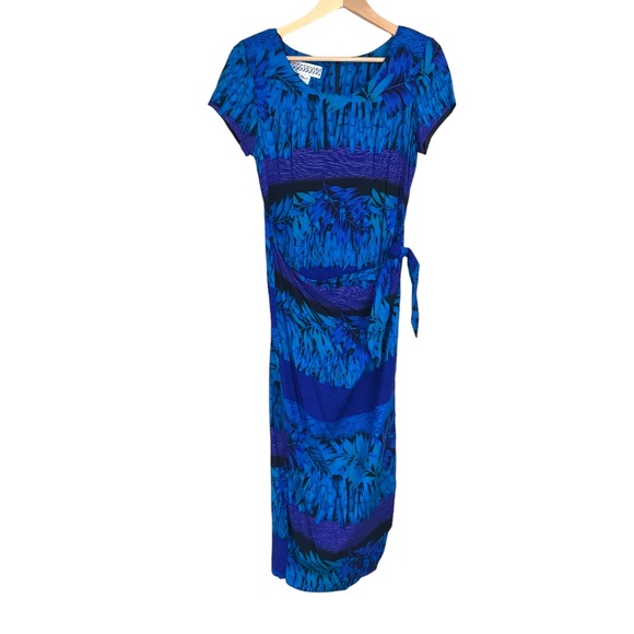 Vintage Beachy Wrap Dress Women’s 8 Blue Palm Pattern Short Sleeve Resortwear - Picture 1 of 10